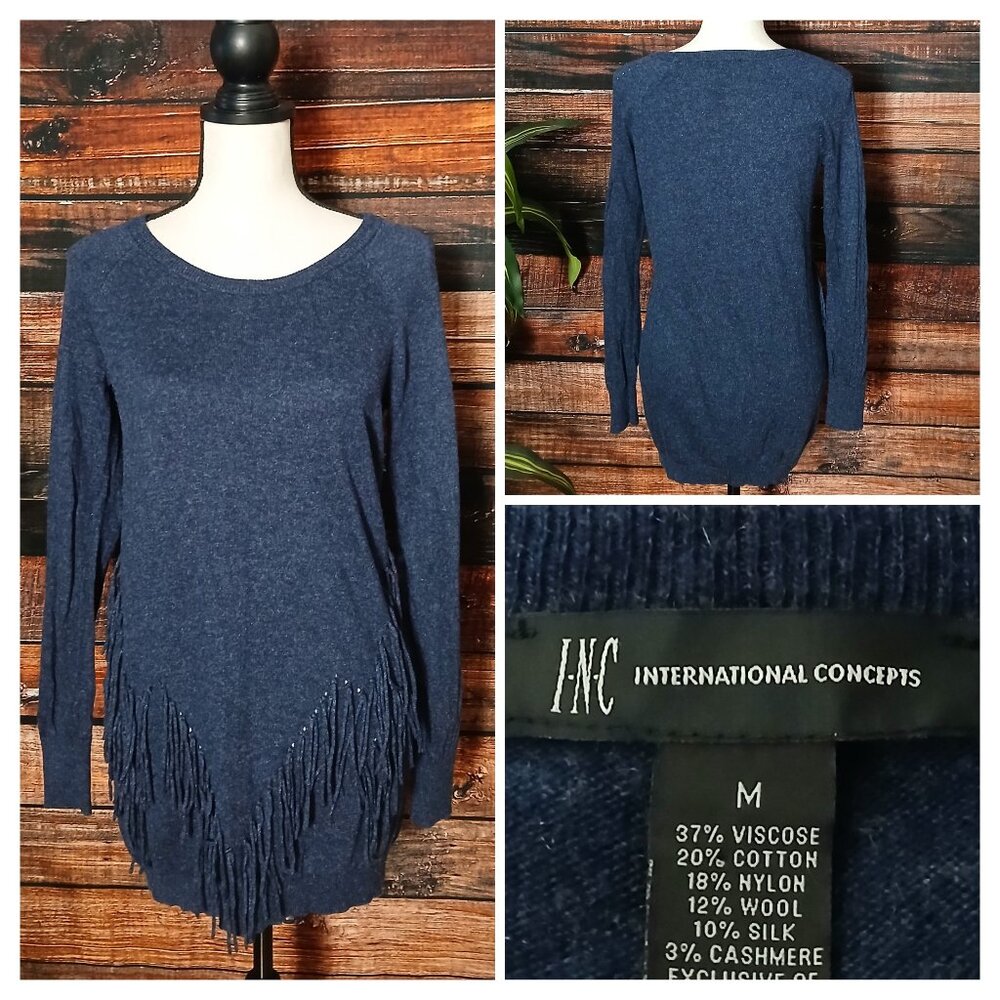 INC International Concepts Sweater M Blue Fringe Tunic Wool Silk Cashmere
